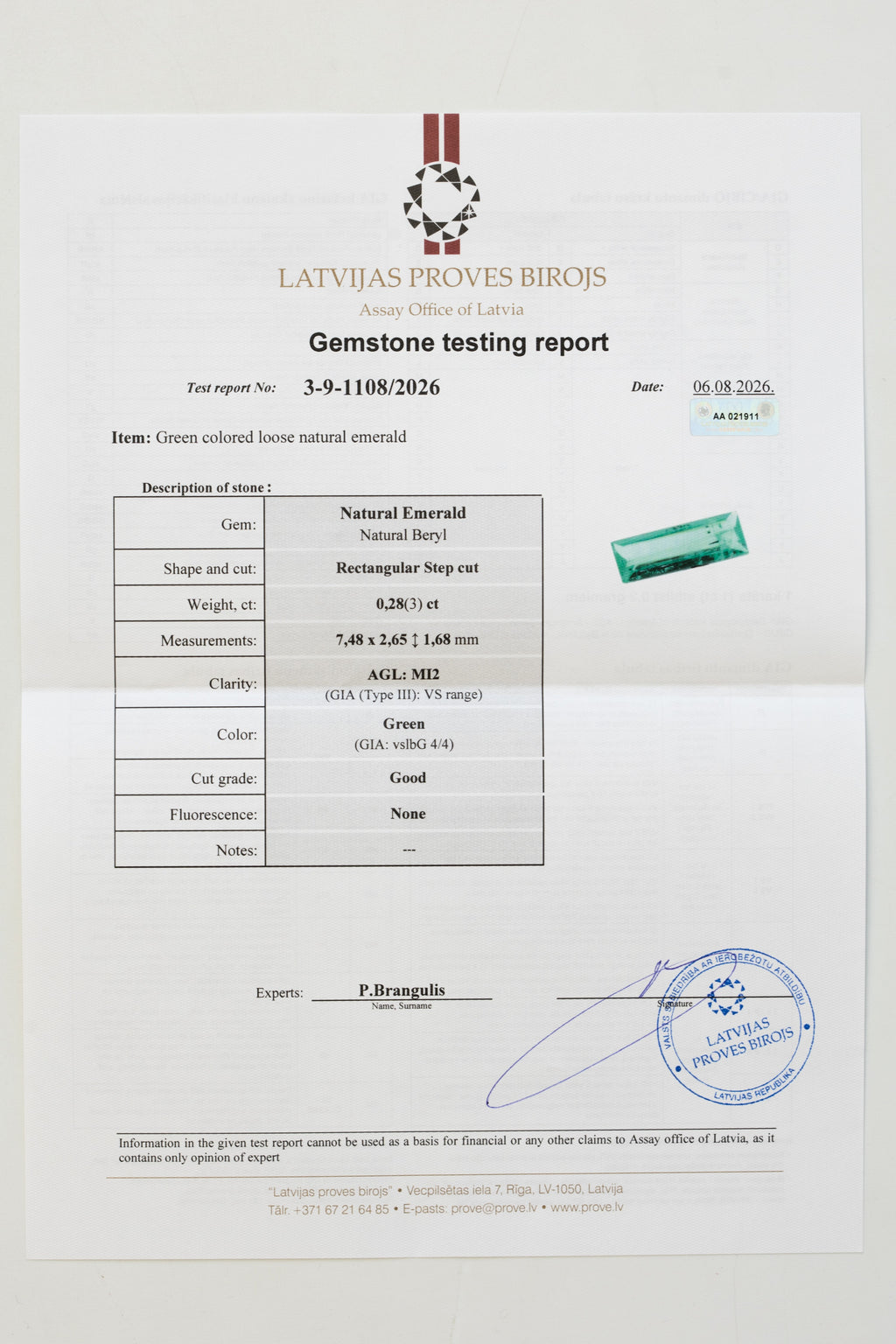 Certified 0.28 Carat Natural Emerald - Rectangular Step Cut