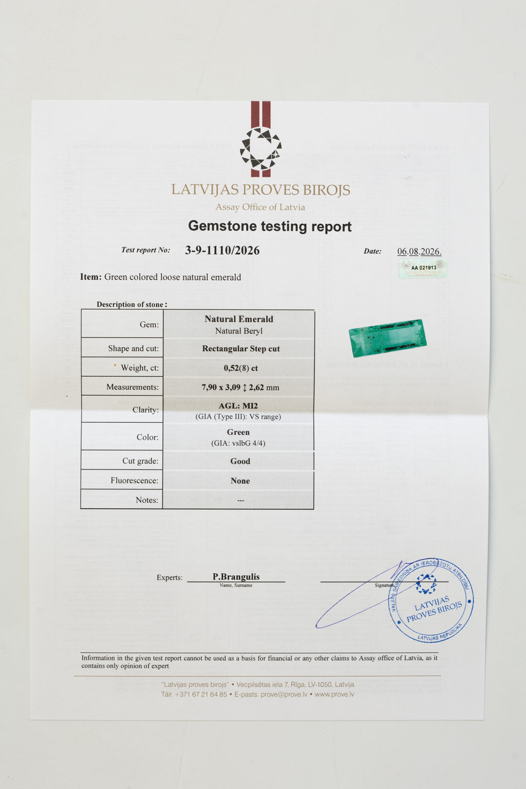 Certified 0.52 Carat Natural Emerald - Rectangular Step Cut