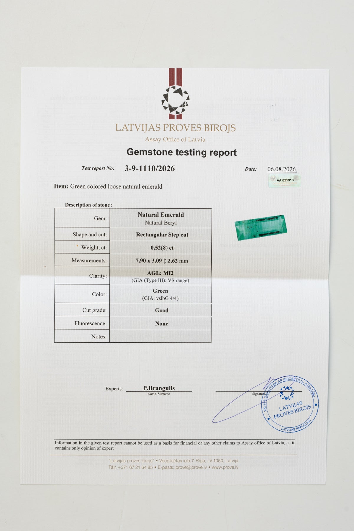 Certified 0.52 Carat Natural Emerald - Rectangular Step Cut