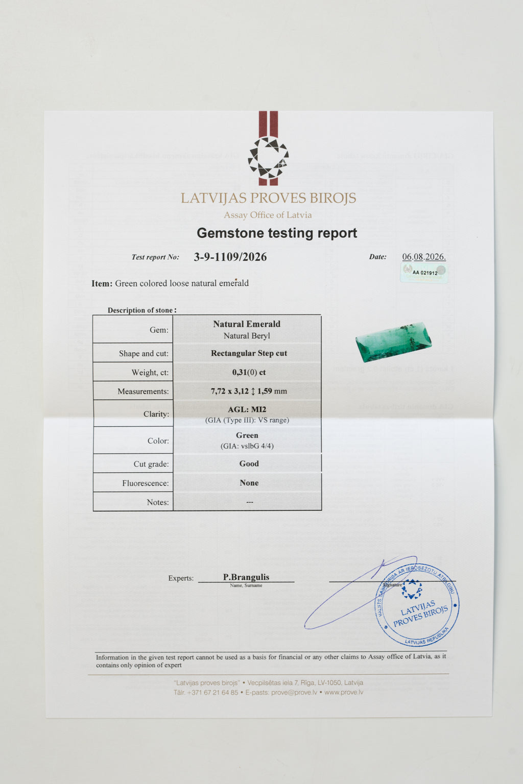 Certified 0.31 Carat Natural Emerald - Rectangular Step Cut