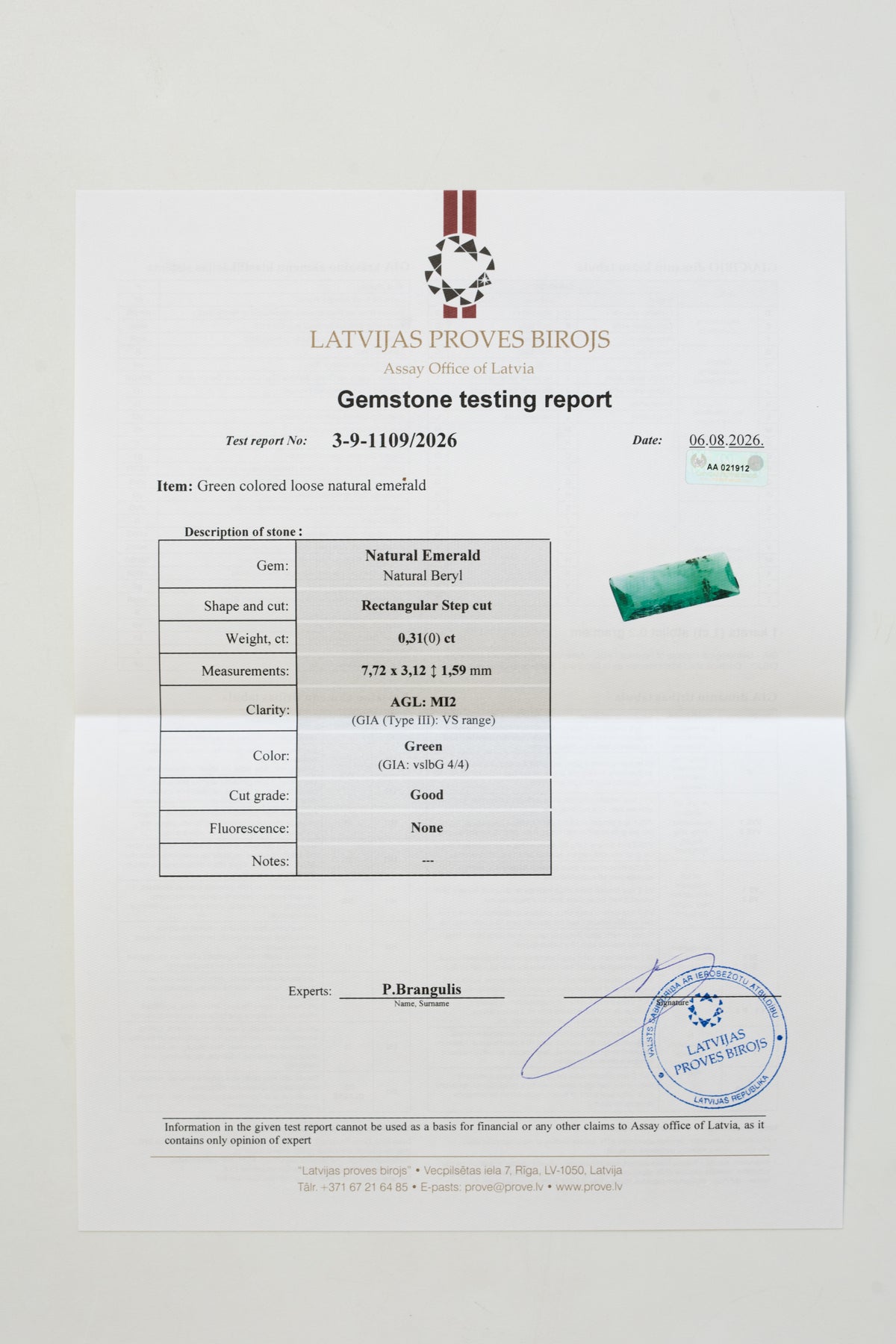 Certified 0.31 Carat Natural Emerald - Rectangular Step Cut