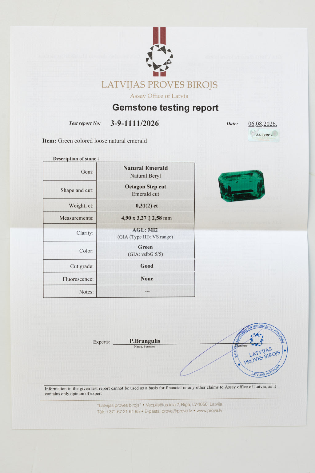 Certified 0.31 Carat Natural Emerald - Octagon Step Cut