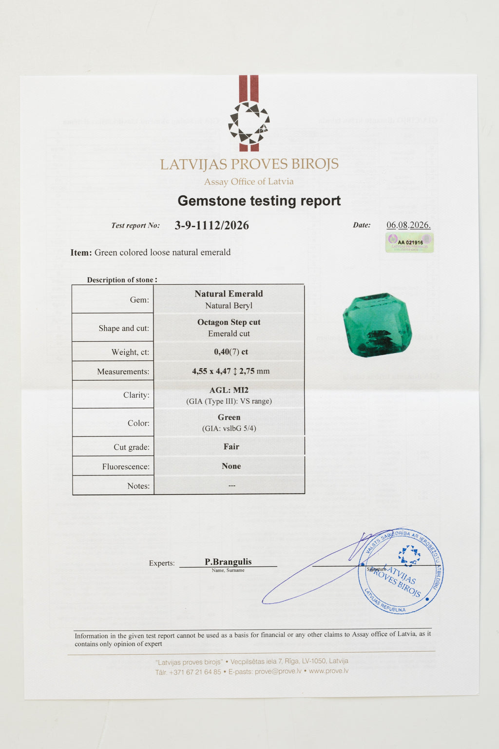 Certified 0.40 Carat Natural Emerald - Octagon Step Cut