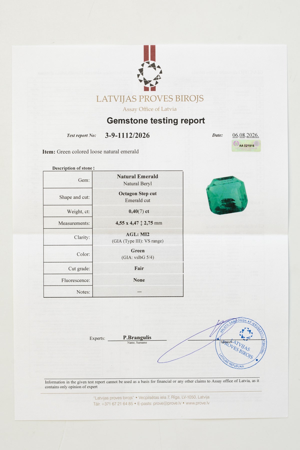 Certified 0.40 Carat Natural Emerald - Octagon Step Cut